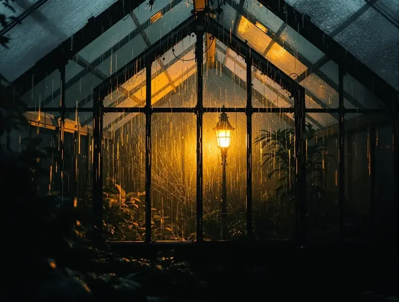 悬疑推理主题配图，雨夜旧玻璃温室里透出的暖黄灯光
